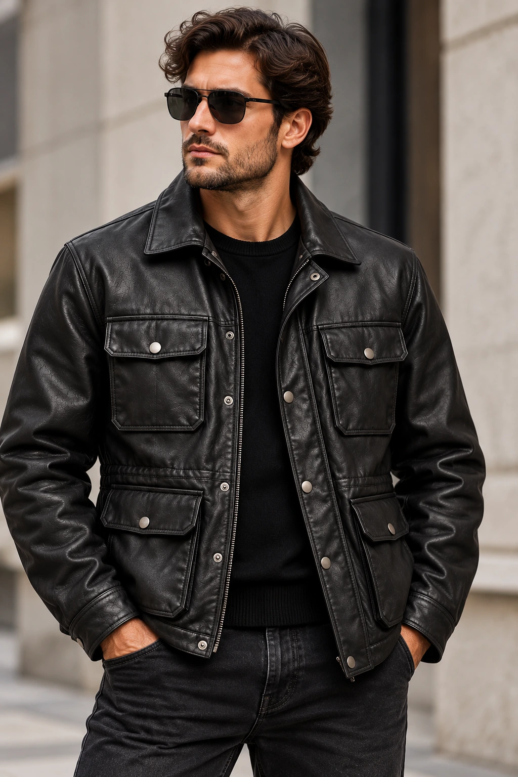 mens leather field jacket model wear front look