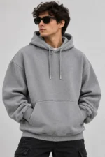 plain grey hoodie model wear front look