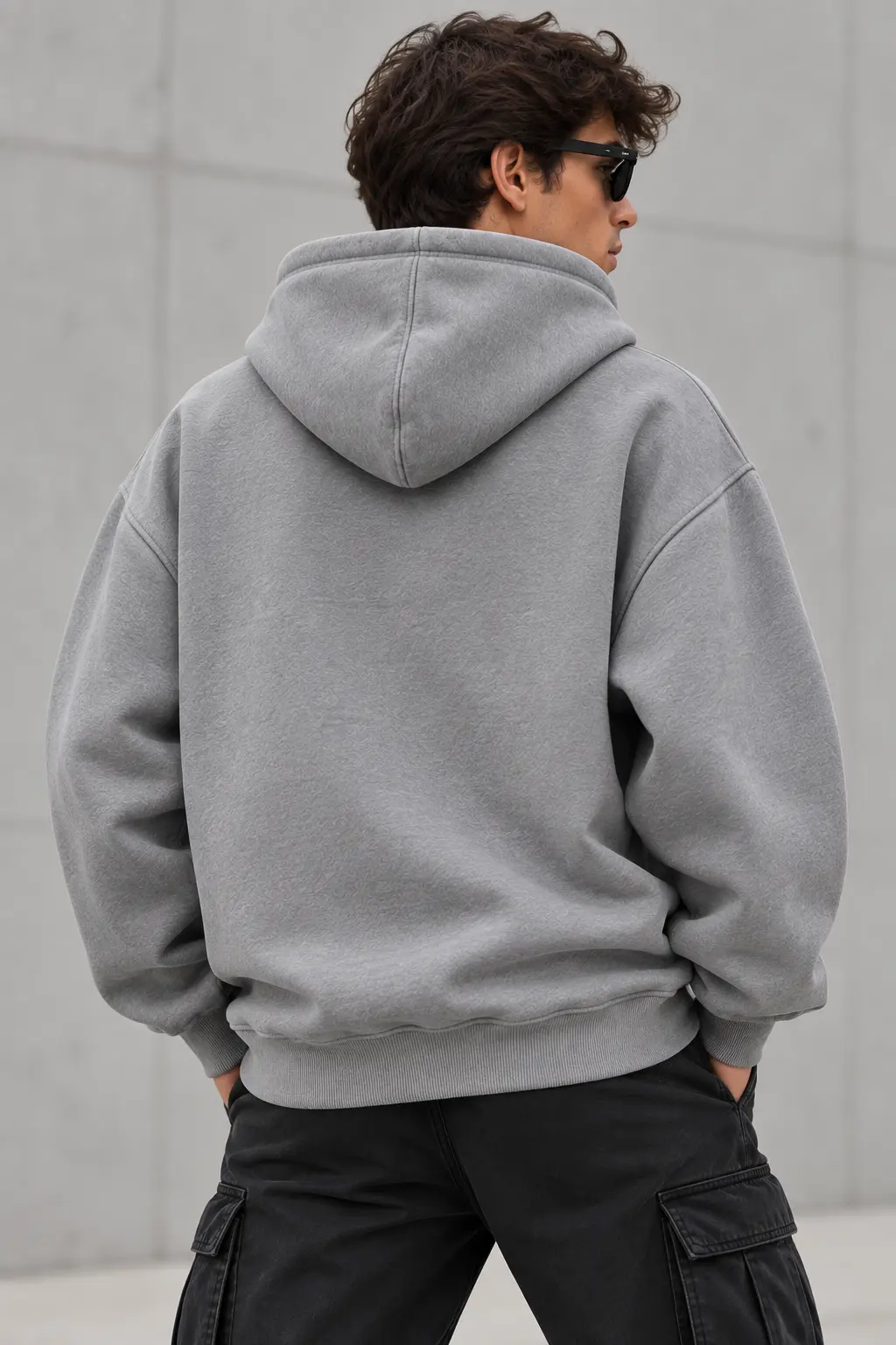 plain grey hoodie model wear front look back look
