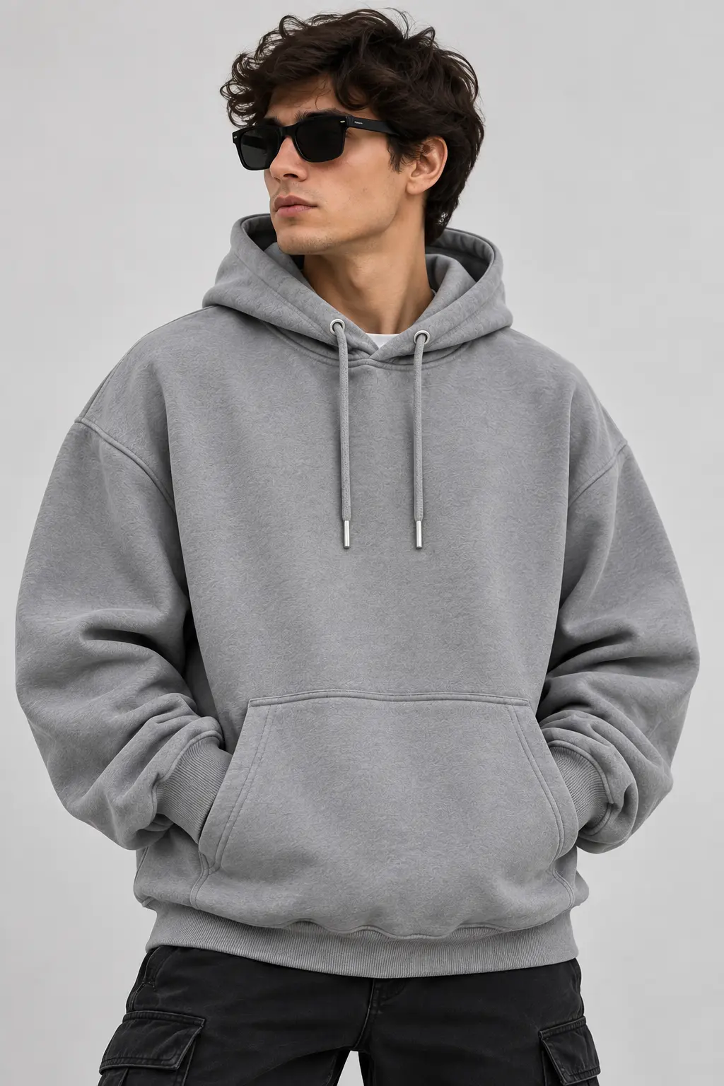 plain grey hoodie model wear front look