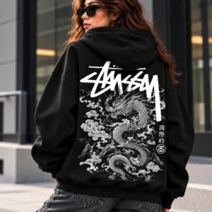 stussy dragon hoodie model wear back look