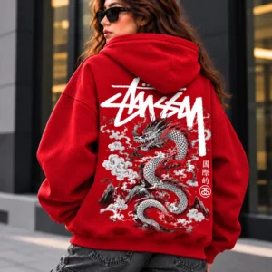stussy dragon hoodie model wear