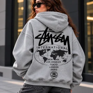 stussy World Tour hoodie model wear back look grey