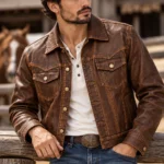 vintage western leather jacket model wear front look