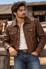 vintage western leather jacket model wear front look