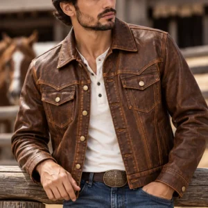 vintage western leather jacket model wear front look