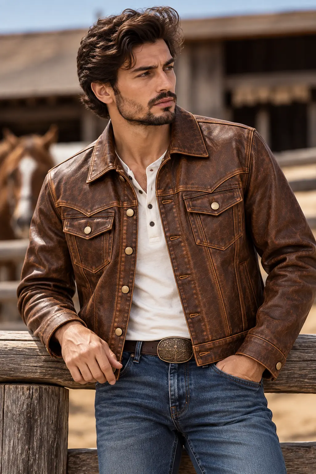 vintage western leather jacket model wear front look