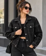 Black Suede Jacket Contrast Stitching model wear front look