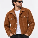 Brown Suede Jacket Contrast Stitching model wear front look