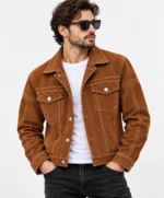 Brown Suede Jacket Contrast Stitching model wear front look