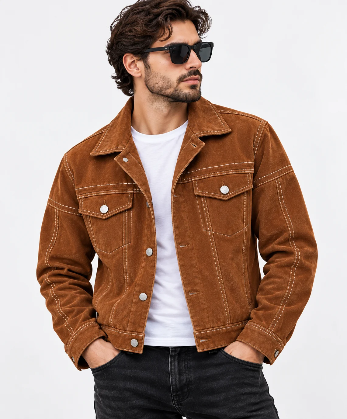 Brown Suede Jacket Contrast Stitching model wear front look