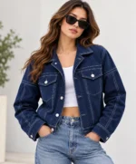 Navy Suede Jacket Contrast Stitching model wear front look