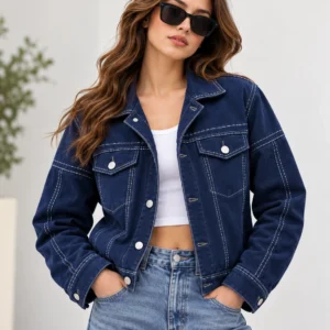 Navy Suede Jacket Contrast Stitching model wear front look