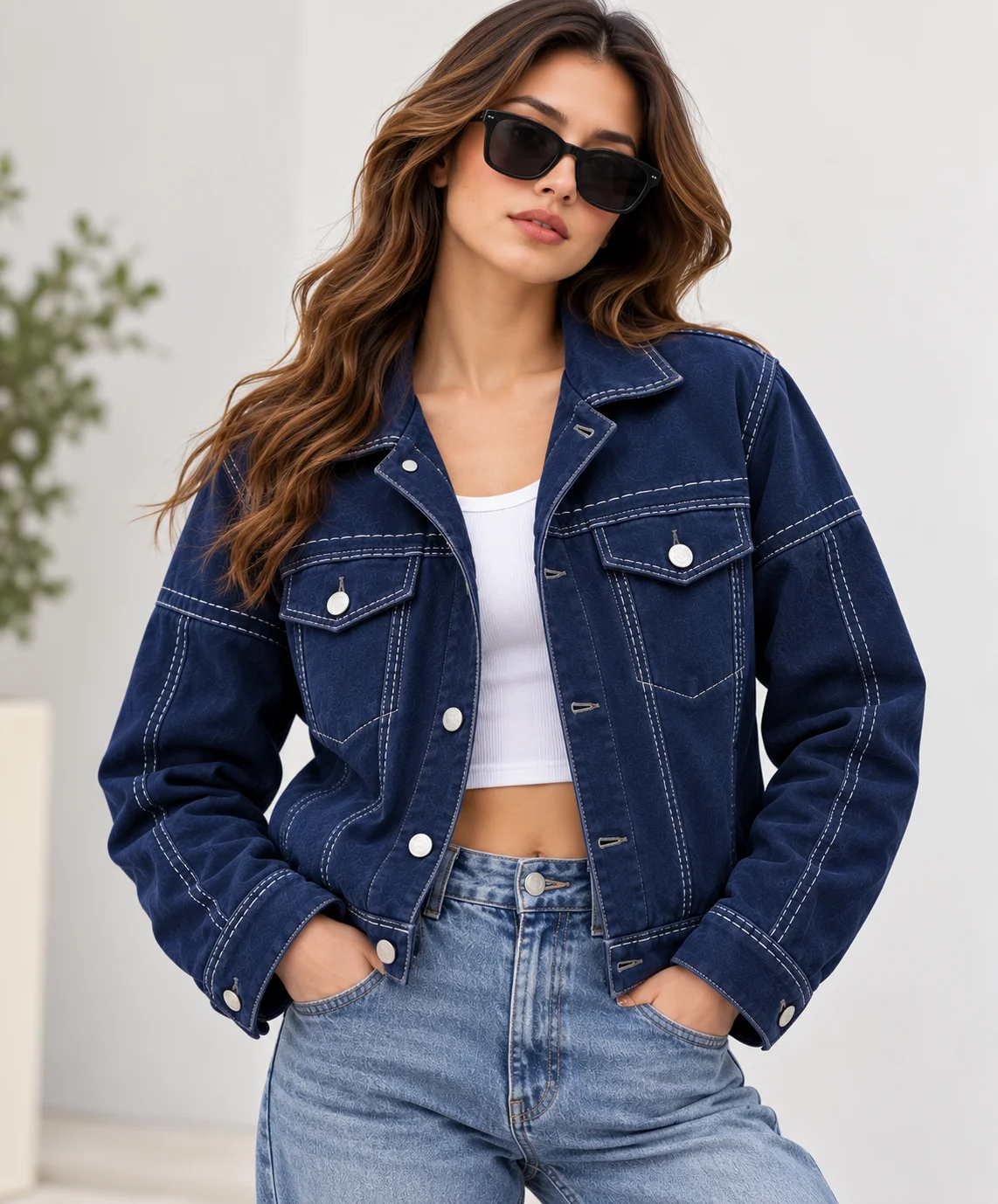 Navy Suede Jacket Contrast Stitching model wear front look